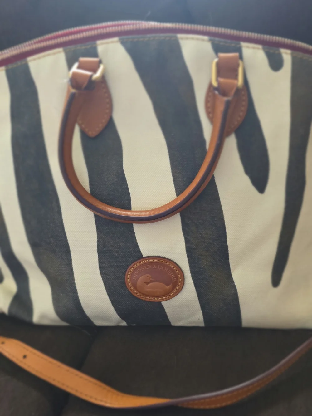 Dooney & Bourke Black and White Zebra-Print Satchel with Brown Leather Trim
